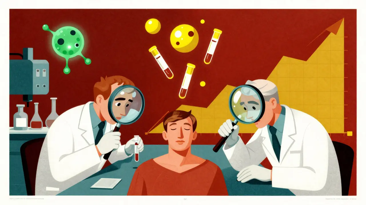Lab technicians examining shifting protein molecules in blood samples, with stable and variable reagent lots shown symbolically.