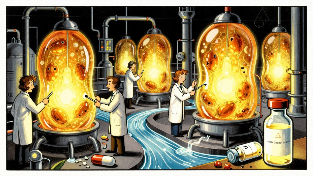Living cells are farmed in glowing bioreactors while a crushed generic pill lies beneath a glowing biosimilar vial.