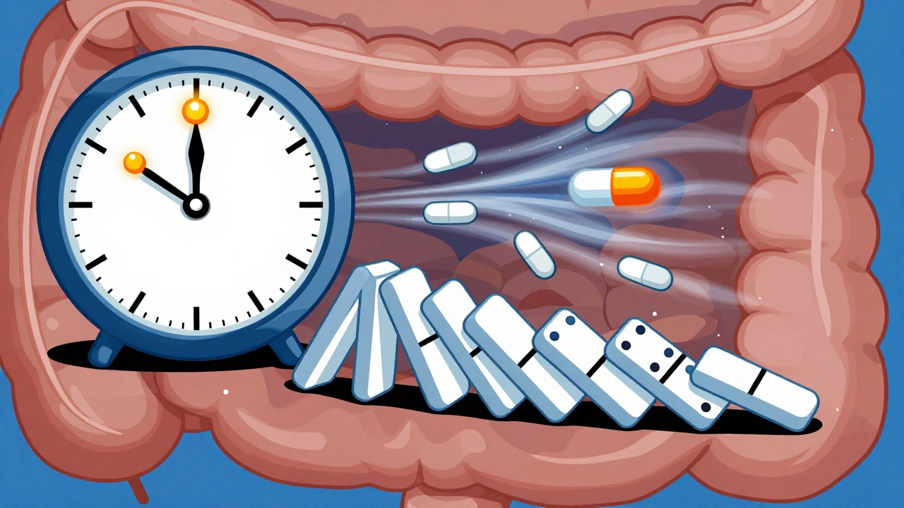 Medical clock with iron and vitamin C capsules at 12 o’clock, other medications falling away as vitamin C wind blows.