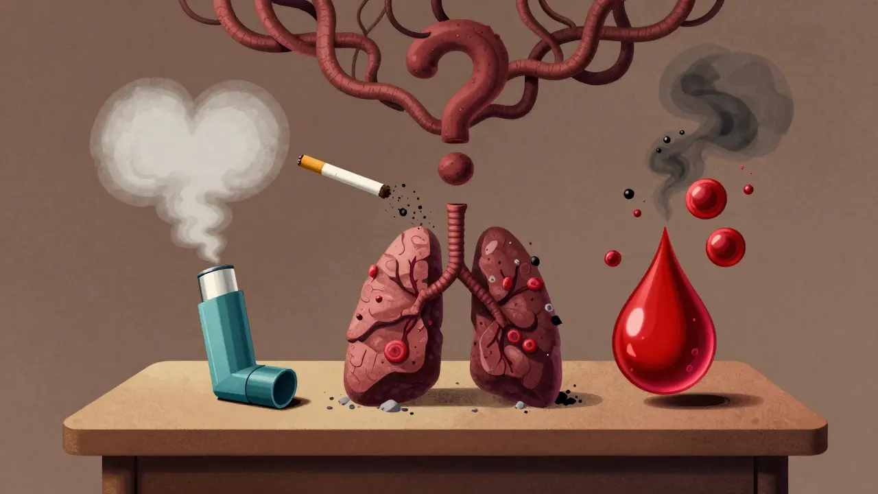 Medical symbols floating above a table: inhaler, cigarette turning to ash, and blood drop splitting into cells and smoke.