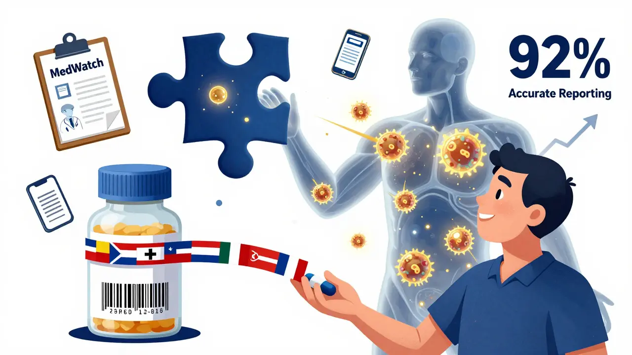 Patient with transparent body showing immune response to biosimilar, surrounded by tracking icons