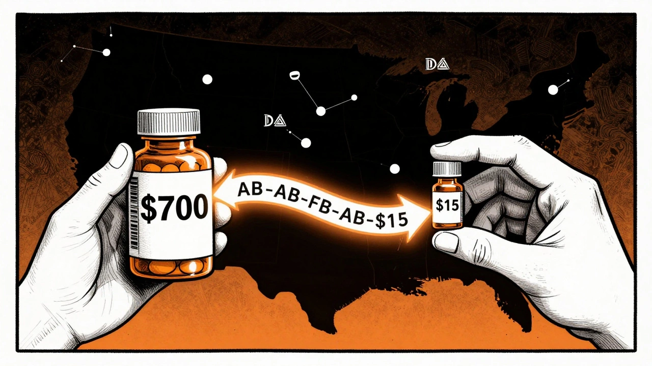 Person holding expensive brand-name pill next to tiny generic bottle connected by glowing AB rating symbols.