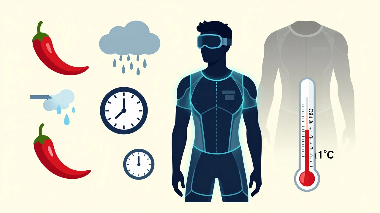 Person in cooling sportswear beside thermometer at 38.1°C, floating trigger icons around them, futuristic suit above.