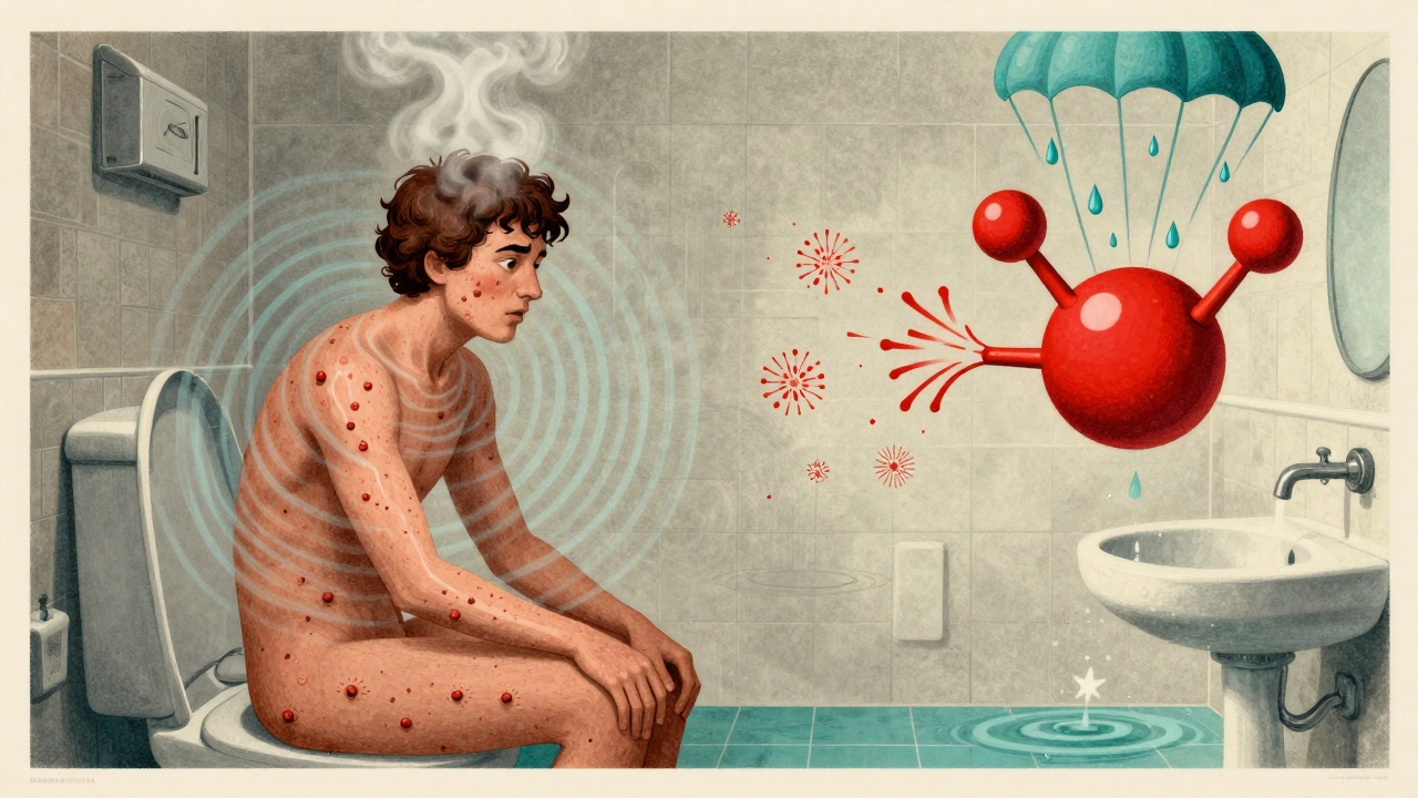 Person in steamy bathroom with hives glowing like fireworks, acetylcholine molecules active, cool droplets falling.