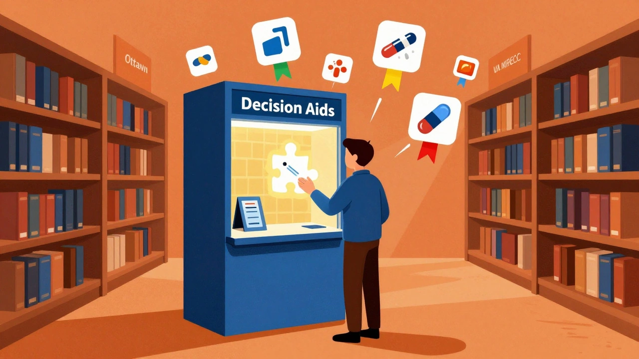Person selecting a decision aid pamphlet from a kiosk surrounded by floating side effect icons