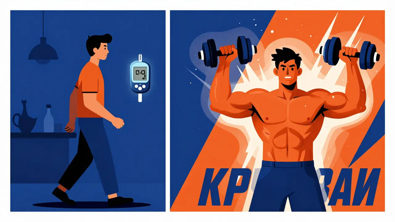 Person walking after dinner and lifting weights, with blood sugar and muscle energy symbols in bold colors.