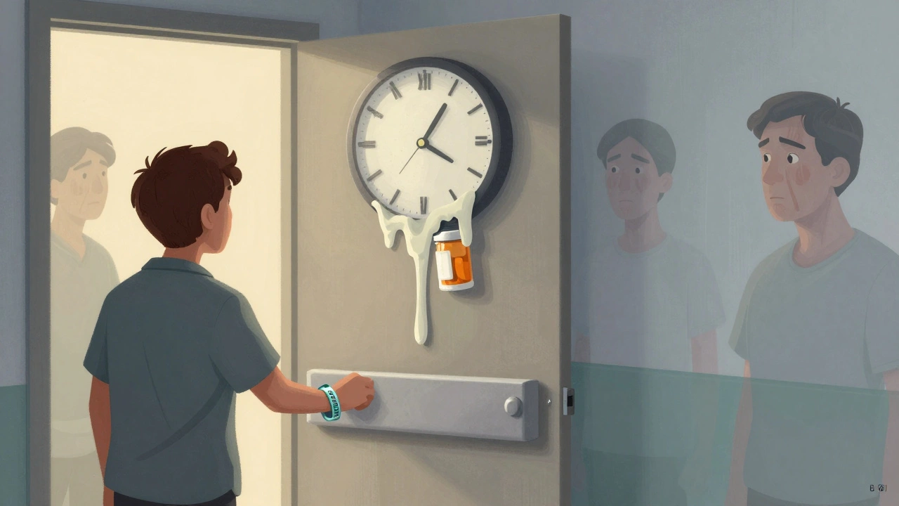 Person with medical ID bracelet standing before a hospital, ghostly figures of past victims fading into the background.