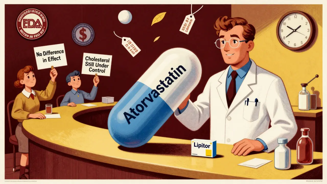Pharmacist holding a giant generic pill next to a tiny branded one, with savings symbols and FDA seals around them.