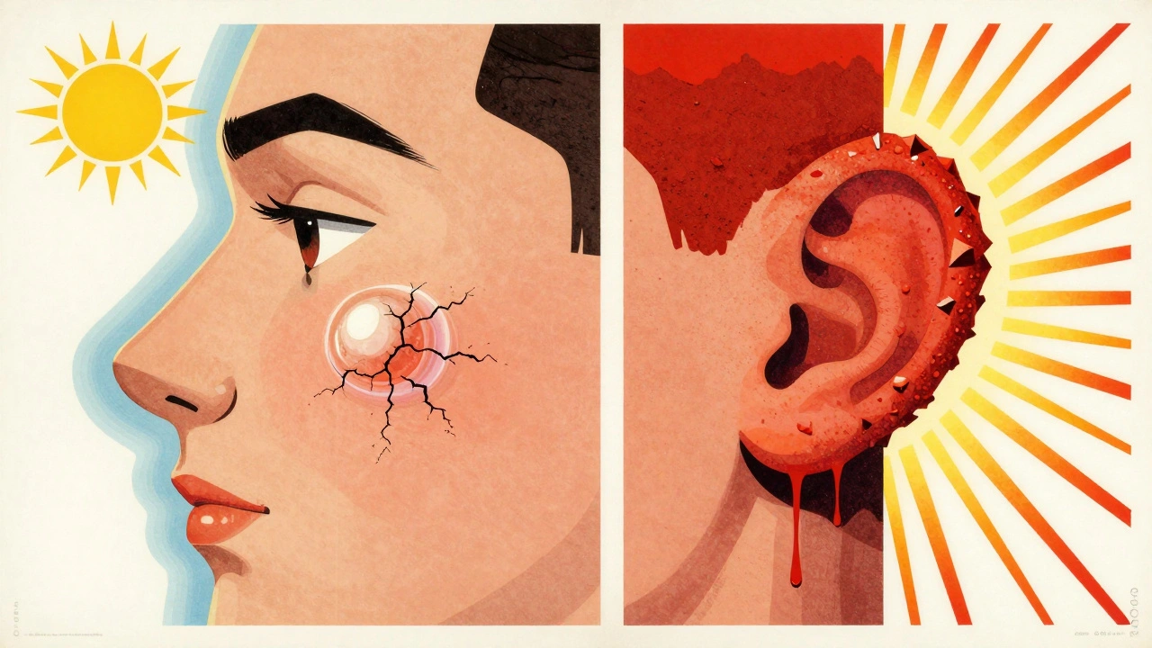 Side-by-side skin lesions: a shiny pearly bump and a rough, scaly red patch under symbolic sun rays.