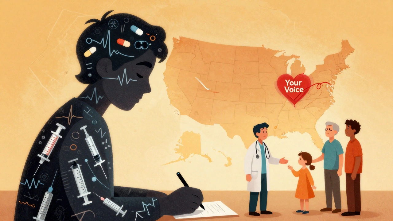 Silhouette filled with medical symbols dissolving into a glowing U.S. map, with a hand signing a form and others reaching in agreement.