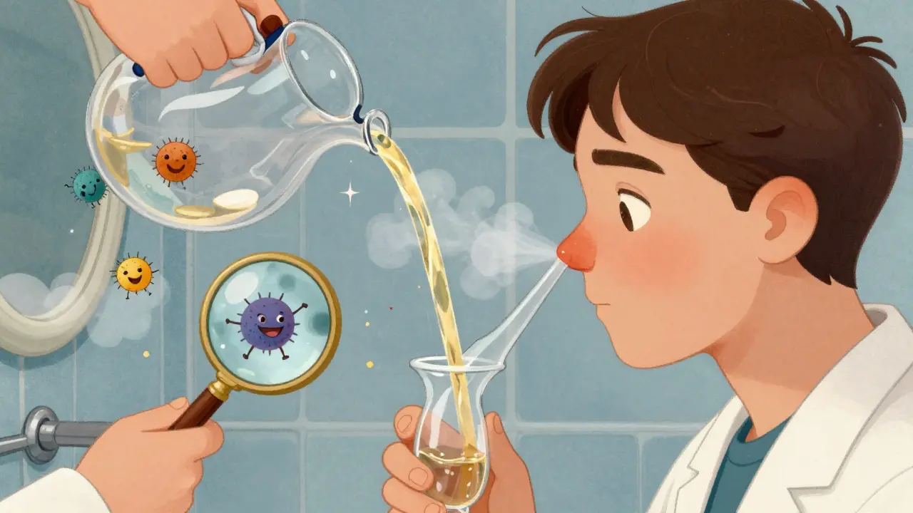 Someone rinsing their nose with golden saline flow that washes away irritants, symbolizing relief in Polish poster illustration style.