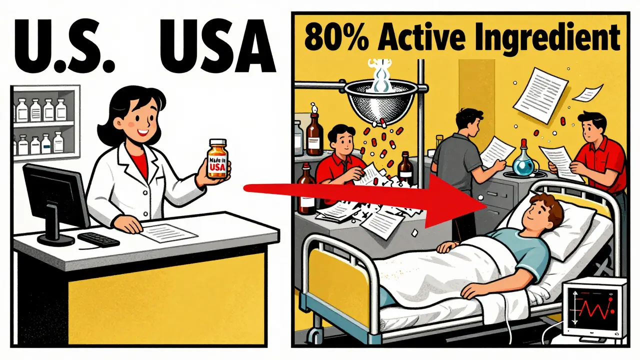 Split illustration: safe U.S. pharmacy vs. chaotic foreign factory with shredding documents and failing pills, leading to a hospital bed.