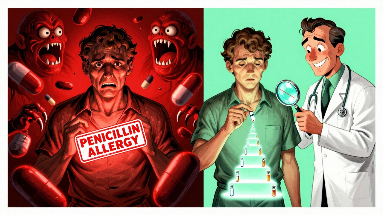 Split image: a patient terrified by dangerous antibiotics on one side, and calmly receiving penicillin doses on the other, with an allergist revealing a negative test.