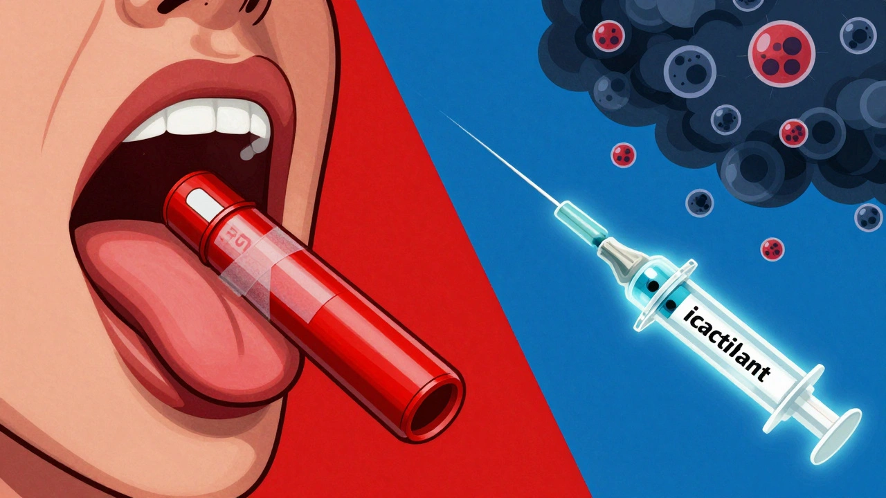 Split image: broken EpiPen on one side, glowing icatibant injector on the other, symbolizing ineffective vs. effective treatment.