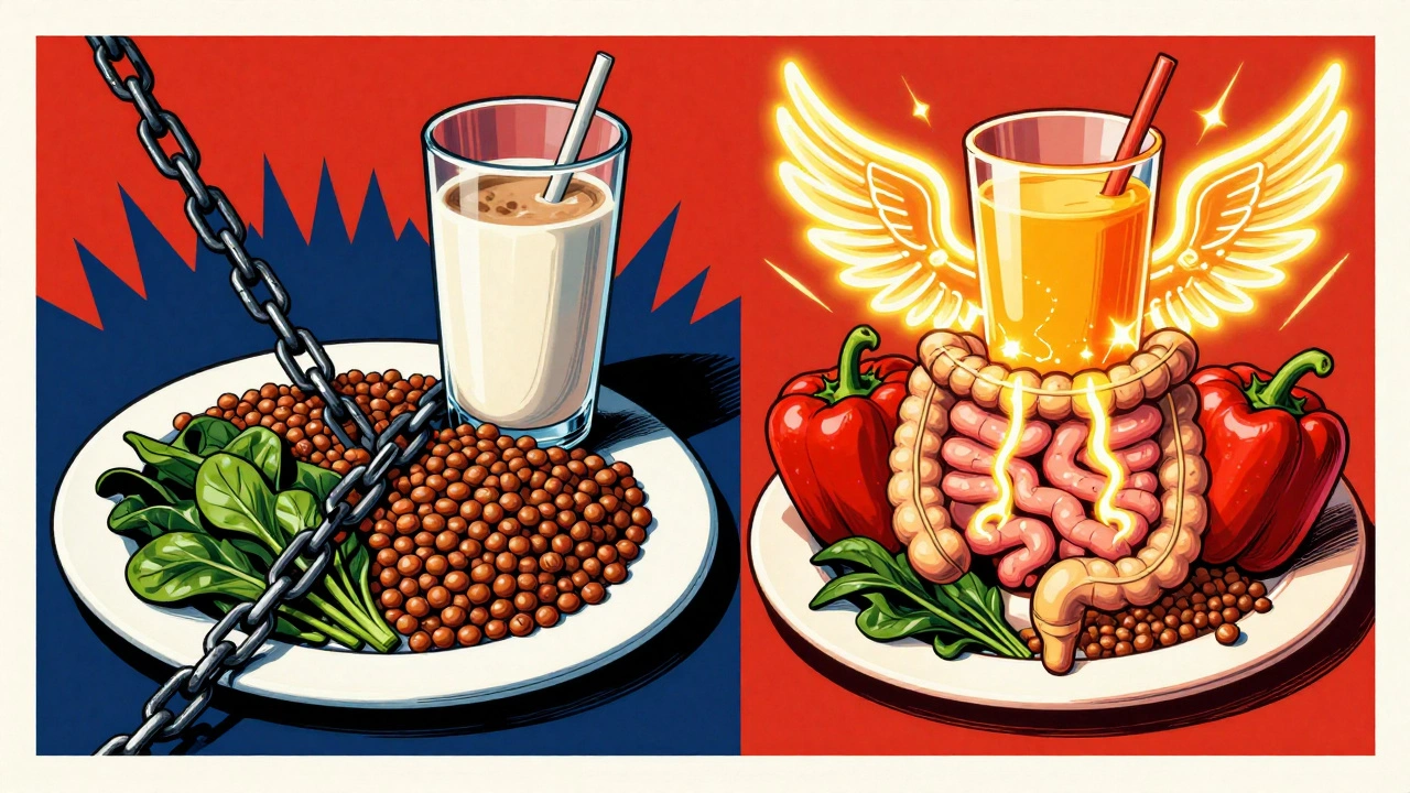 Split meal scene: left side blocked by coffee and milk, right side glowing with vitamin C enhancing iron from lentils and spinach.