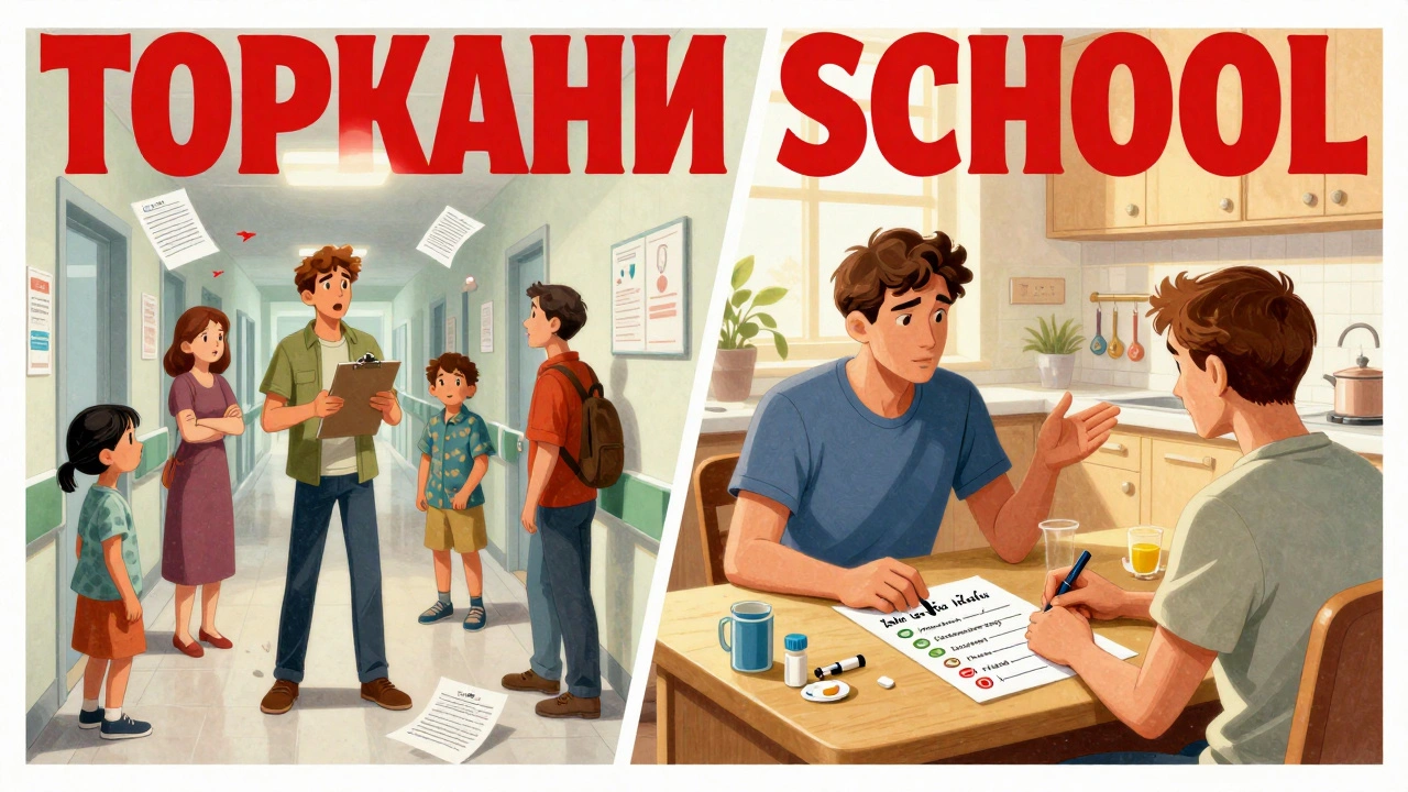 Split scene: chaotic hospital argument on one side, calm medication conversation at a kitchen table on the other.