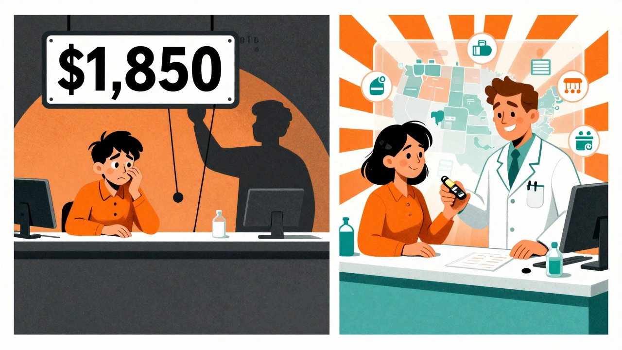 Split scene: confused patient paying high price vs. happy patient getting low-cost generic medication.
