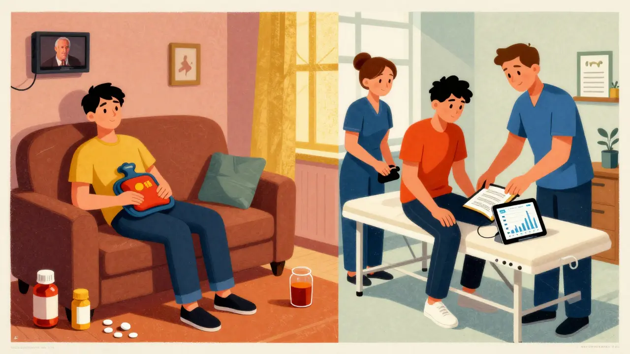 Split scene: one side shows isolation with pills, the other shows collaborative care with therapy and digital tools.