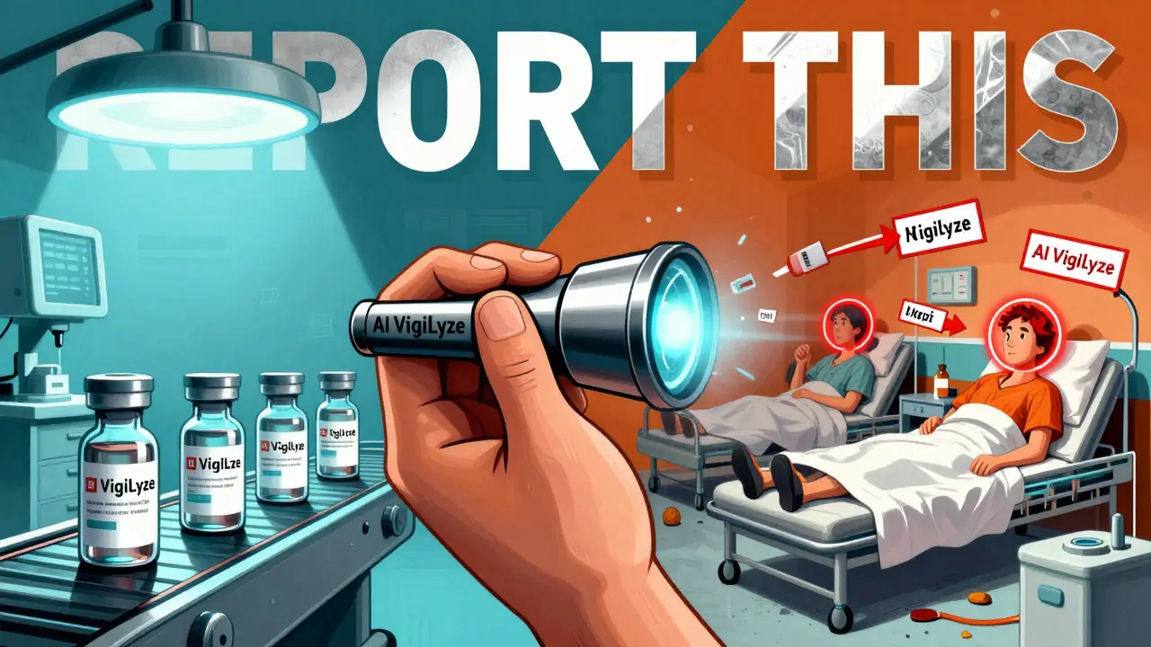 Split-screen of biosimilar production vs. hospital chaos with AI scanning system in bold graphic style