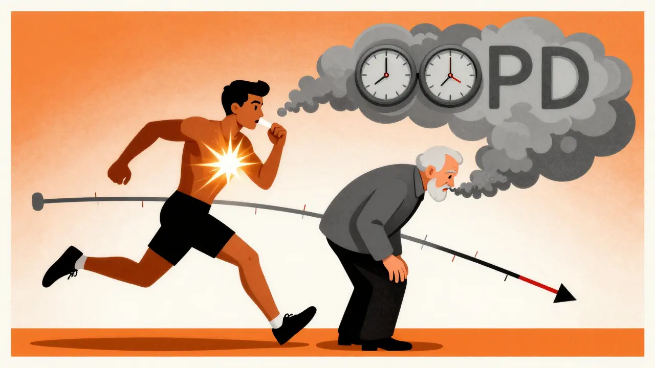 Two figures: young athlete with glowing chest and older person exhaling clock-shaped phlegm, representing reversible vs permanent lung damage.