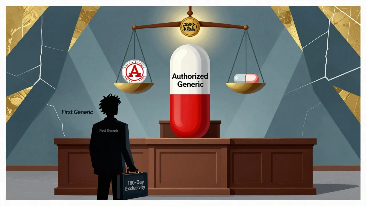 A giant authorized generic pill standing tall against a smaller generic in a symbolic courtroom.