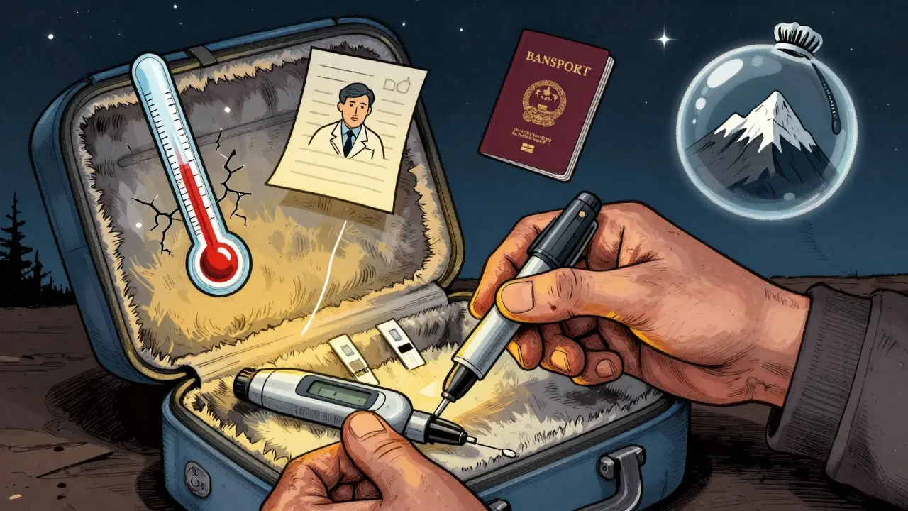 A hand placing insulin and test strips into an insulated case, surrounded by symbolic icons of cold, medical paperwork, and safety.