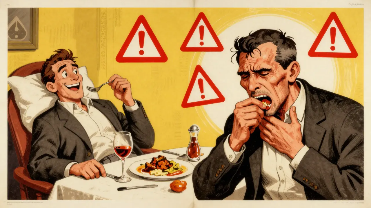 A man experiencing GERD symptoms over time: eating normally, then later struggling to swallow and losing weight, with warning symbols floating around him.