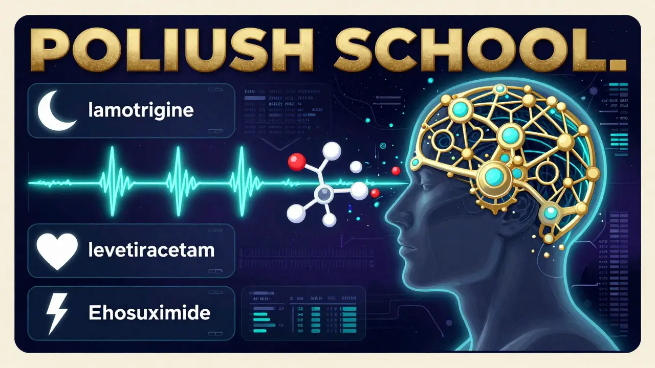A medical dashboard visualizing epilepsy treatments and triggers through abstract neural data and drug symbols.