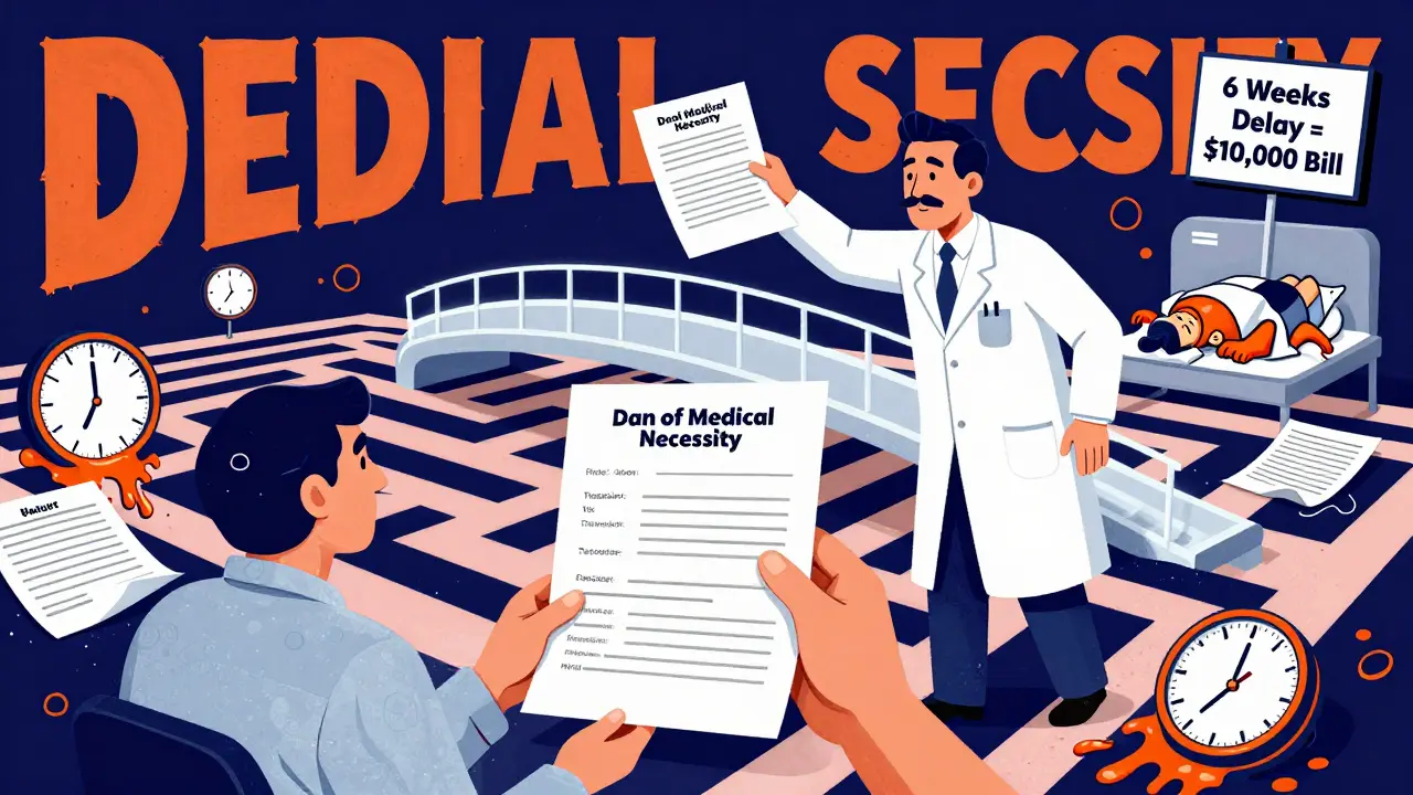 A patient facing a maze of denial forms and a melting clock, while a doctor offers a glowing appeal letter.