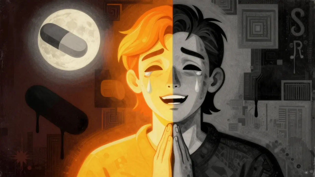 A split portrait showing one side full of emotion and the other hollow and gray, with a pill casting a draining shadow.