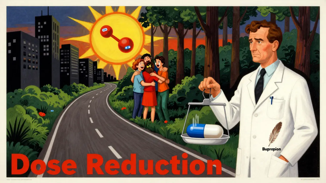 A surreal road from numbness to emotional revival, with a scale balancing an SSRI pill and bupropion feather.