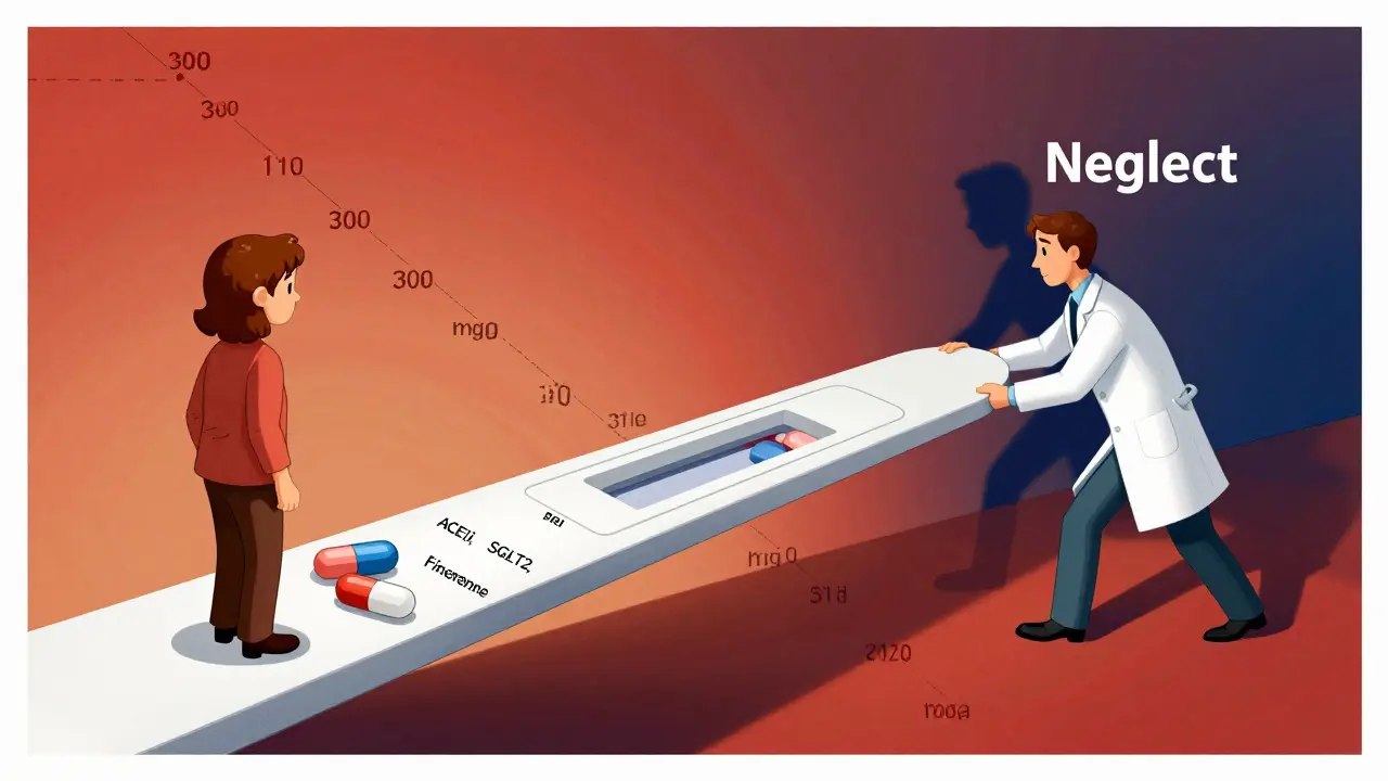 A urine test strip bridge with medication stones, doctor and patient on either side, neglect looming.
