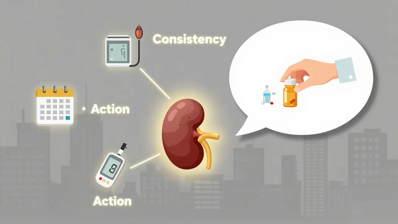 A whispering voice bubble with a kidney, surrounded by medical icons connected by threads of consistency.