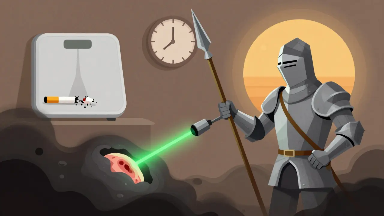 An endoscope as a knight's lance removing abnormal tissue under laser light, with symbols of weight loss and quitting smoking in the background.