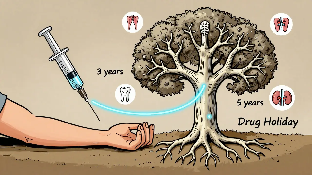 Annual IV infusion connected to a tree-like bone structure with roots marking treatment duration.