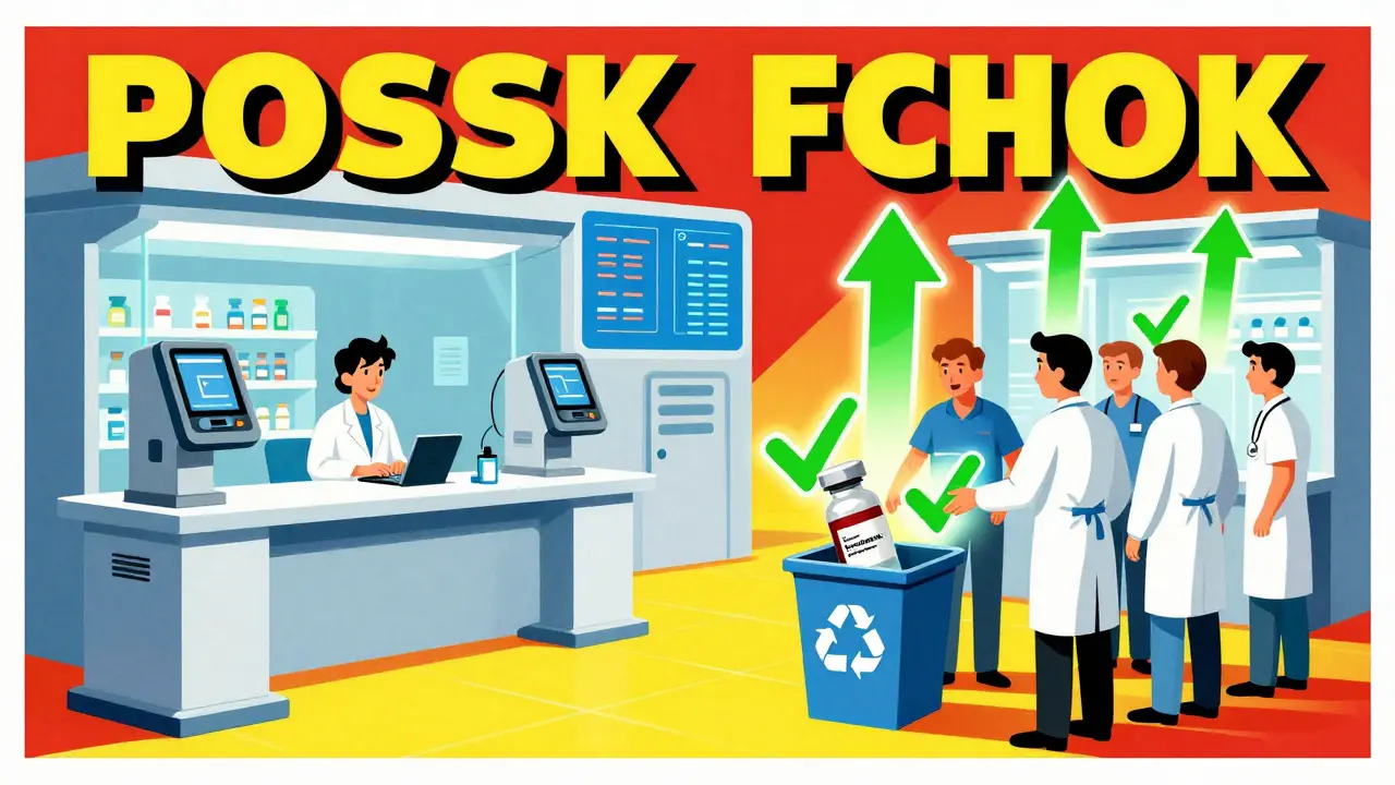 Automated pharmacy with expiration alerts and recycling of expired vials, surrounded by green checkmarks and upward arrows for safety.