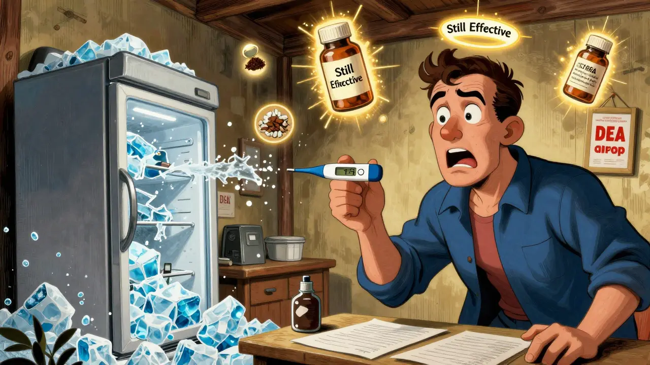 Broken fridge in clinic with glowing pills and disposal icons, symbolizing preventable medication waste.