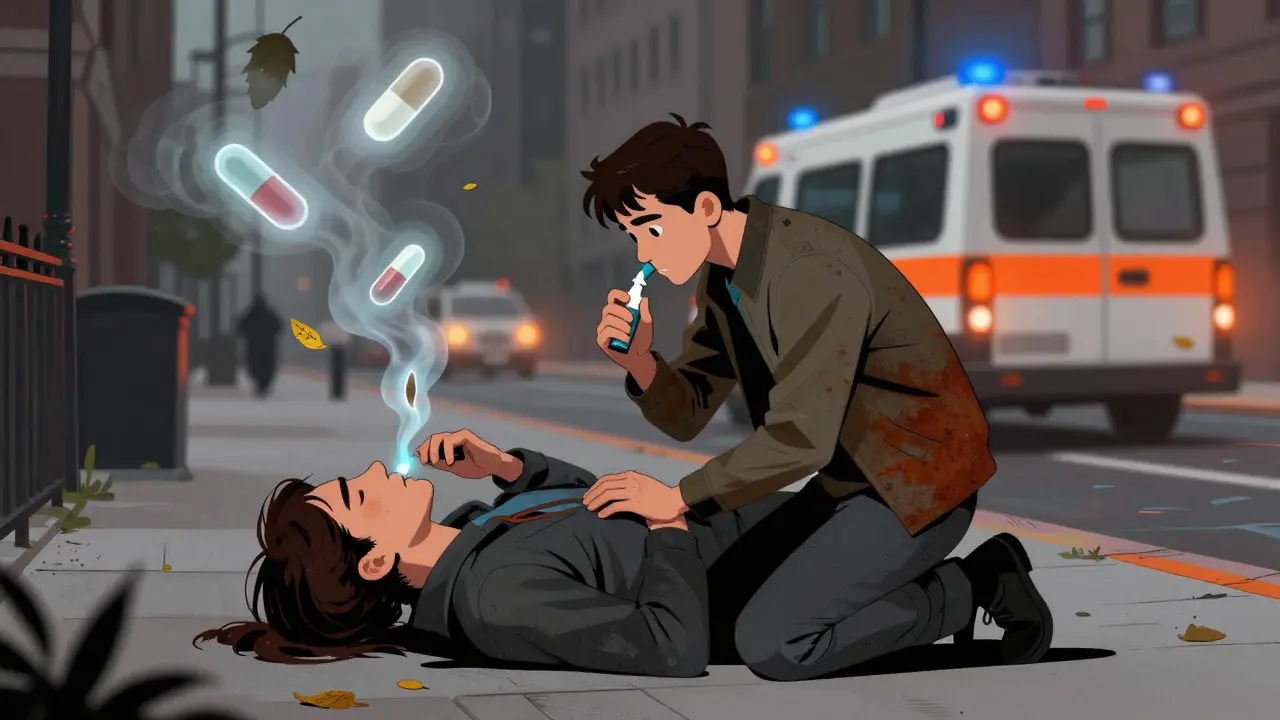 Bystander performing rescue breathing on an overdosing person amid floating prescription pills and distant ambulance lights.