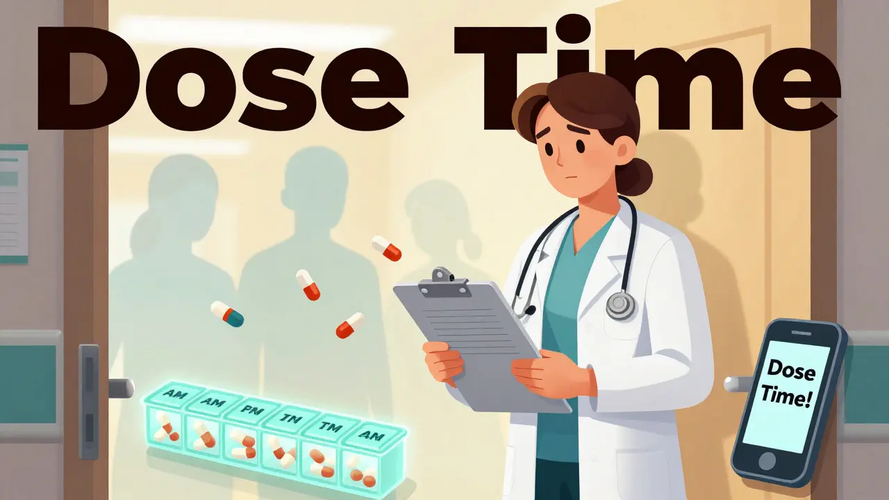 Caregiver at hospital door with pill organizer and alarm, fading old medications behind