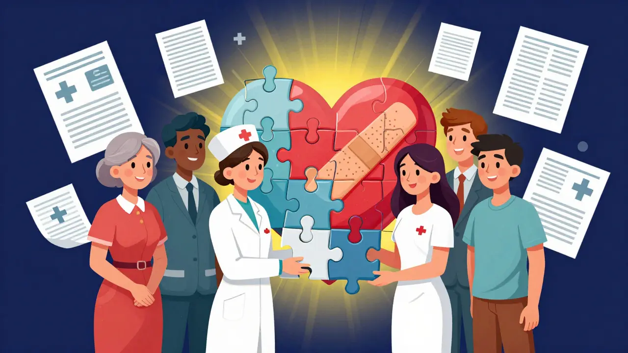 Diverse people completing a heart-shaped puzzle with report forms and medical symbols.