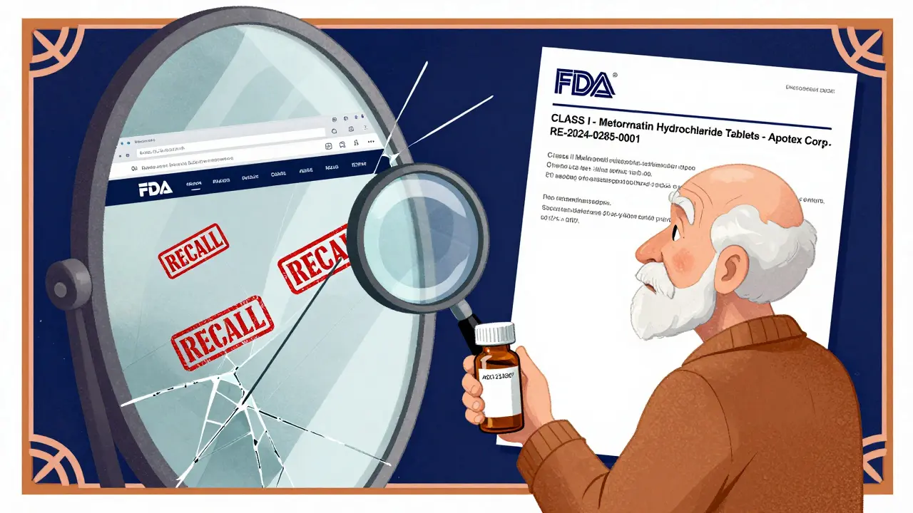 Elderly person holding medicine bottle, split mirror showing fake recall vs. true FDA report with lot number.