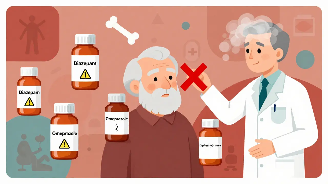 Elderly person surrounded by dangerous pills with warning symbols, pharmacist blocking one