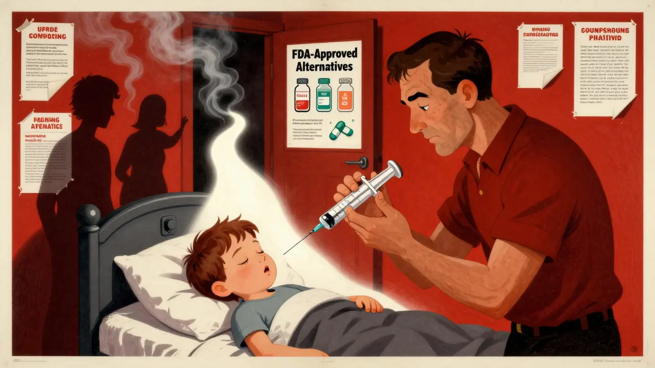 Father giving medicine with a syringe while unaccredited pharmacies fade away, leading to FDA-approved alternatives.