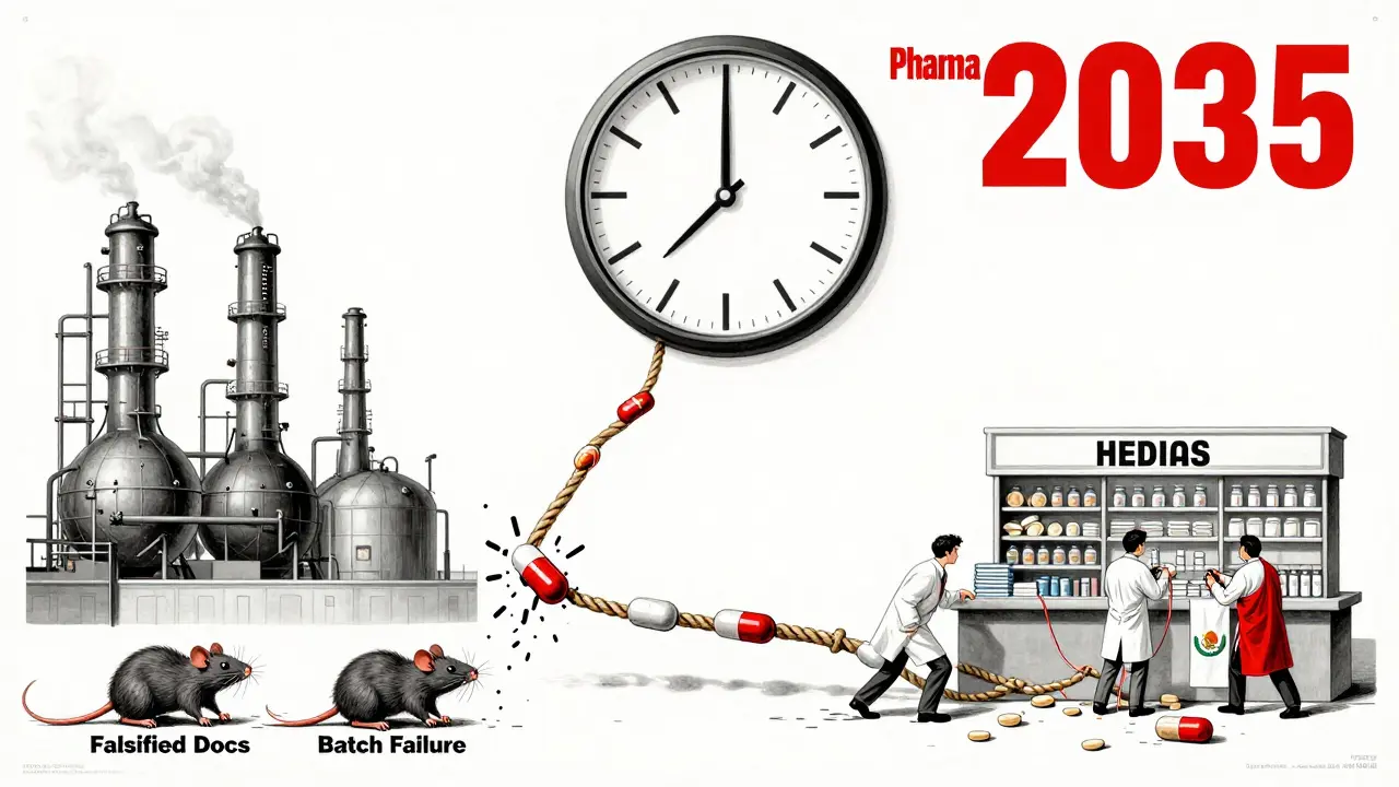 Fragile global pill rope fraying at China’s end, with rats gnawing it, while workers from Vietnam and Mexico try to rebuild it under a slow-ticking clock.