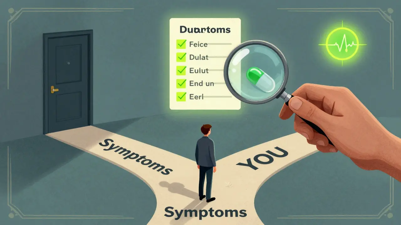 Patient at a crossroads between symptoms and prevention, guided by medical checks in stylized Polish poster art.