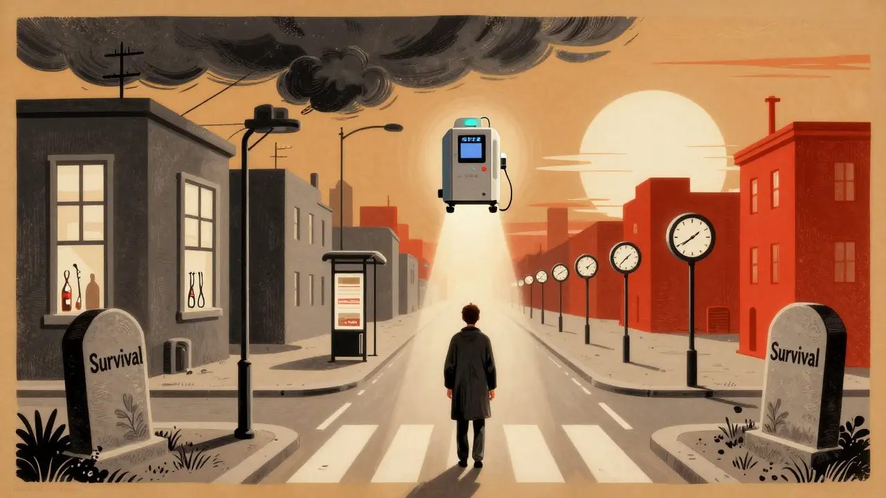 Patient at crossroads: hospital path vs. radiation bus stops, both leading to same tombstone, SBRT beacon above.