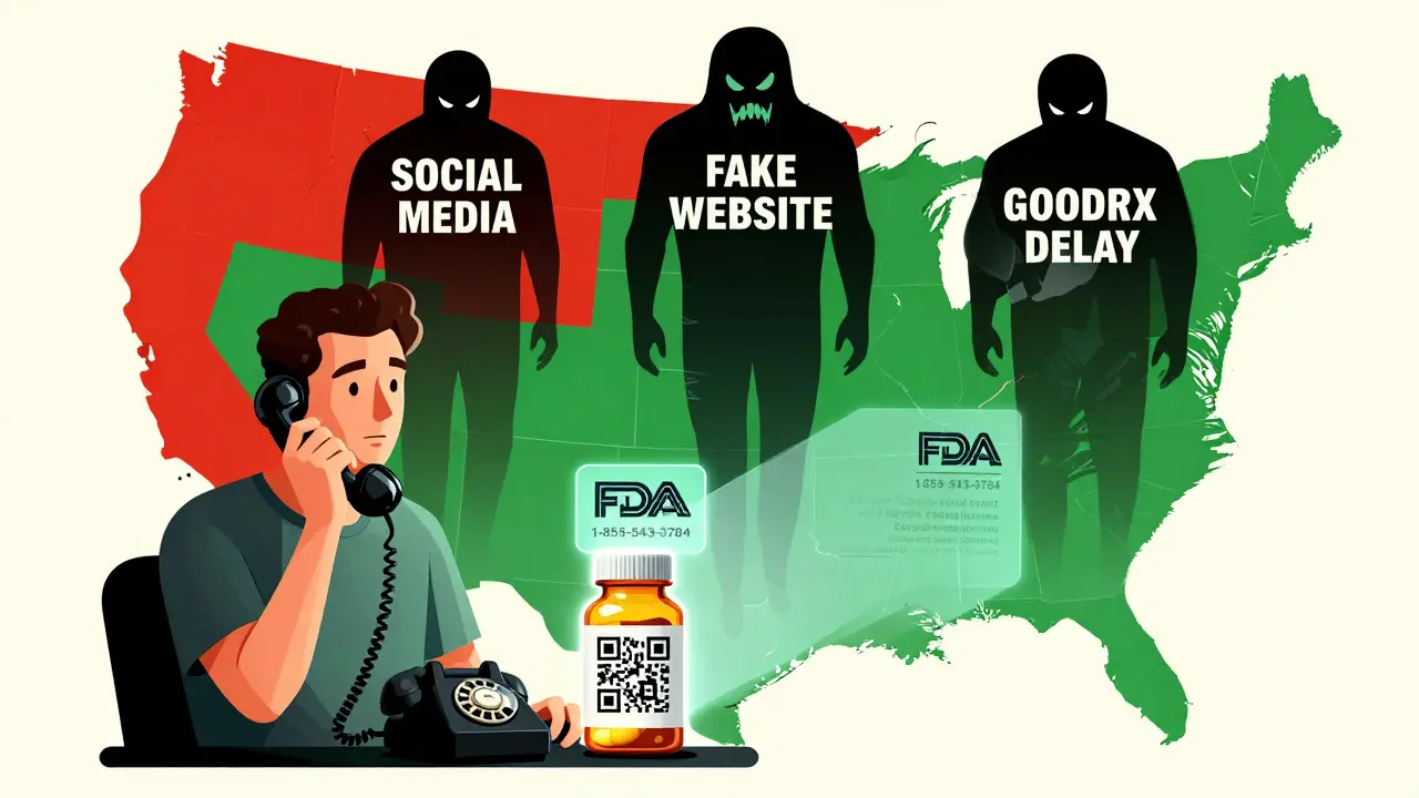 Patient calling FDA hotline as shadowy figures of misinformation float above, QR code projects official recall info.