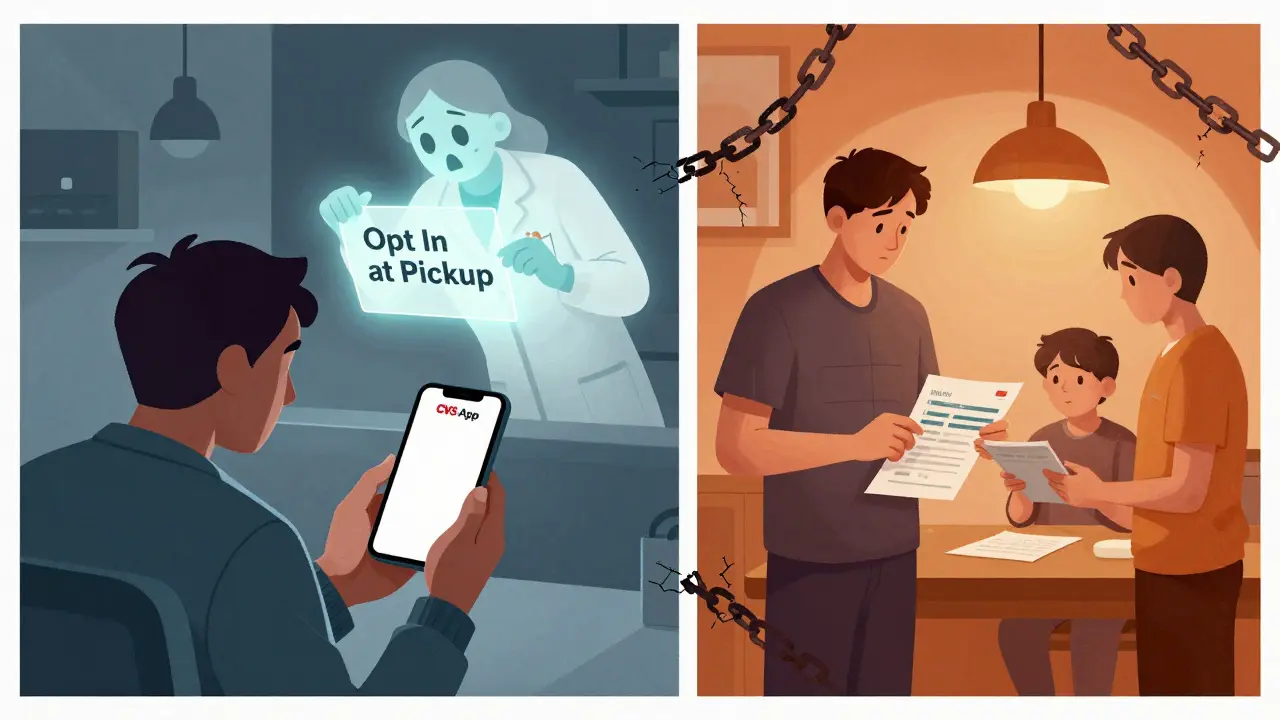 Patient comparing a blank app screen with a printed counseling note, symbolizing missed opt-in opportunity.