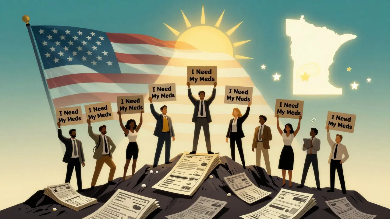 People holding signs for affordable meds atop a mountain of bills, with a rising Medicare cap and helpful icons glowing above.