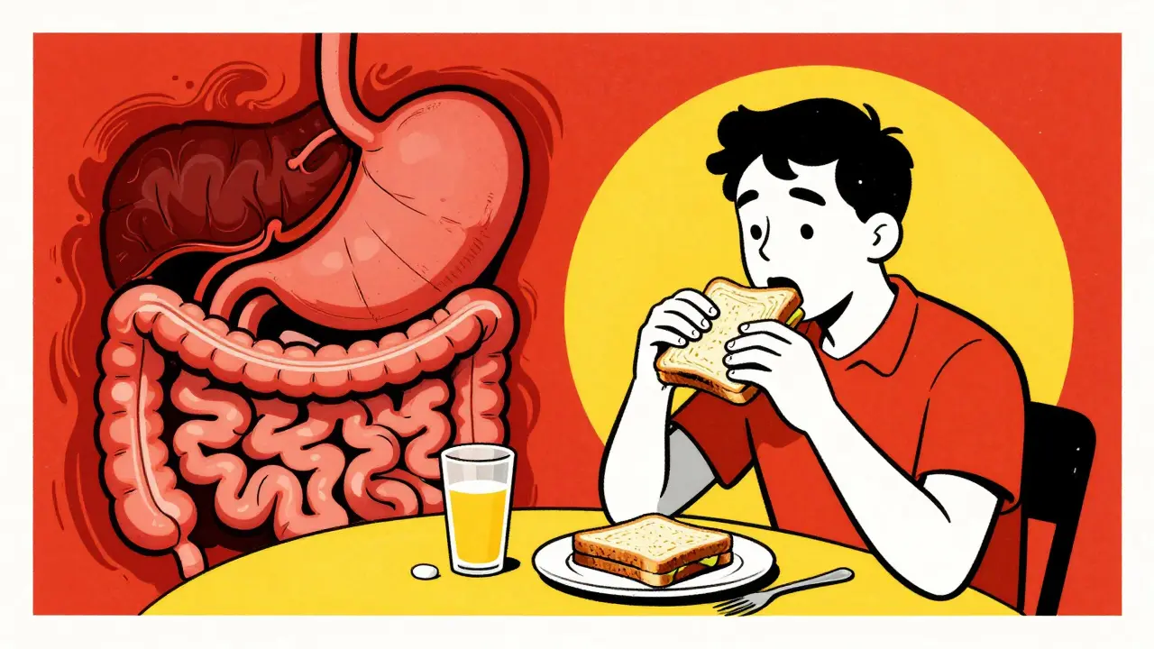 Person eating sandwich with pill, digestive system calming in background, graphic poster style.
